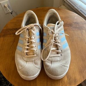 Blush suede adidas with light blue stripes